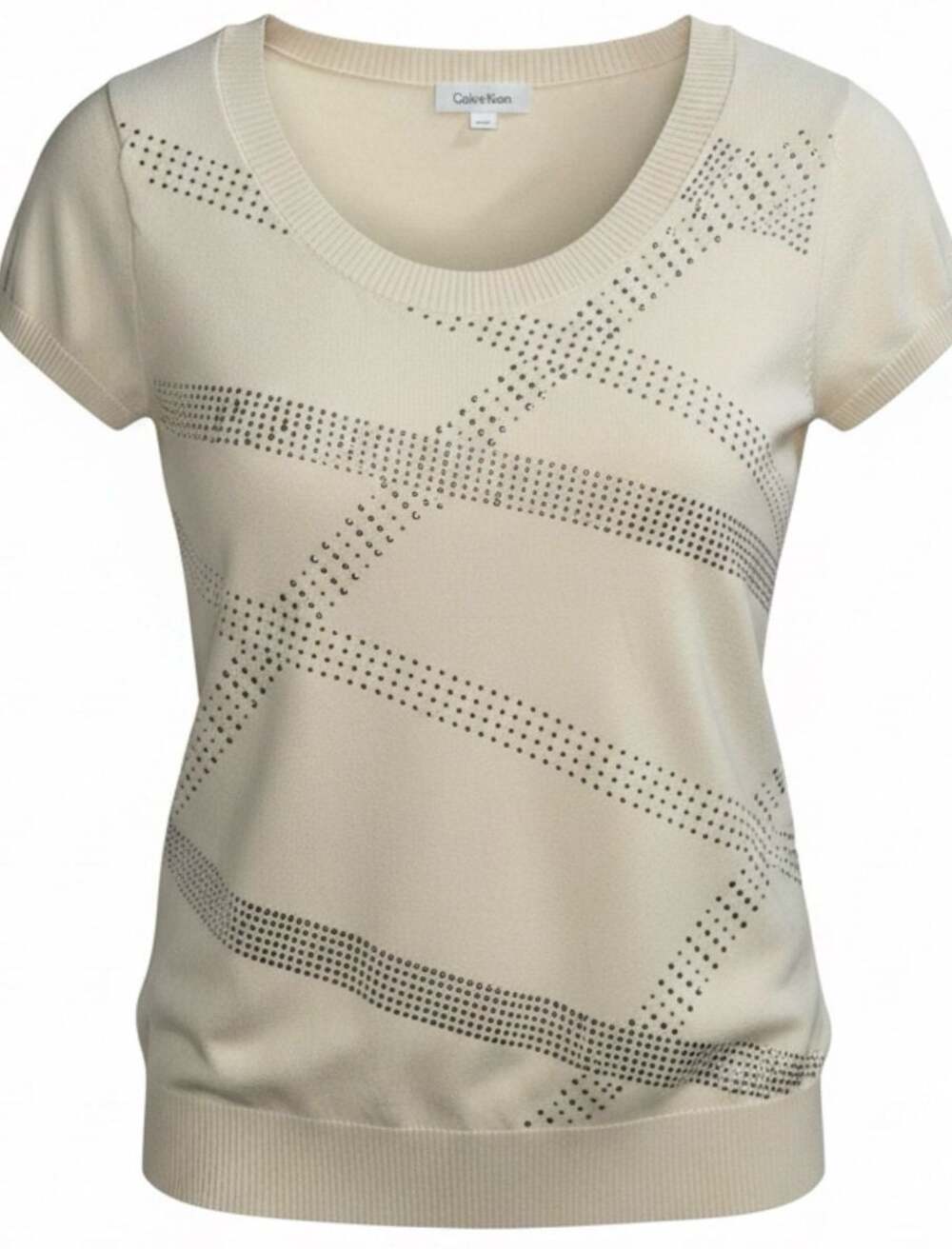Calvin Klein White Embellished Silk, Rayon, Nylon Short Sleeve Sweater Size-XS